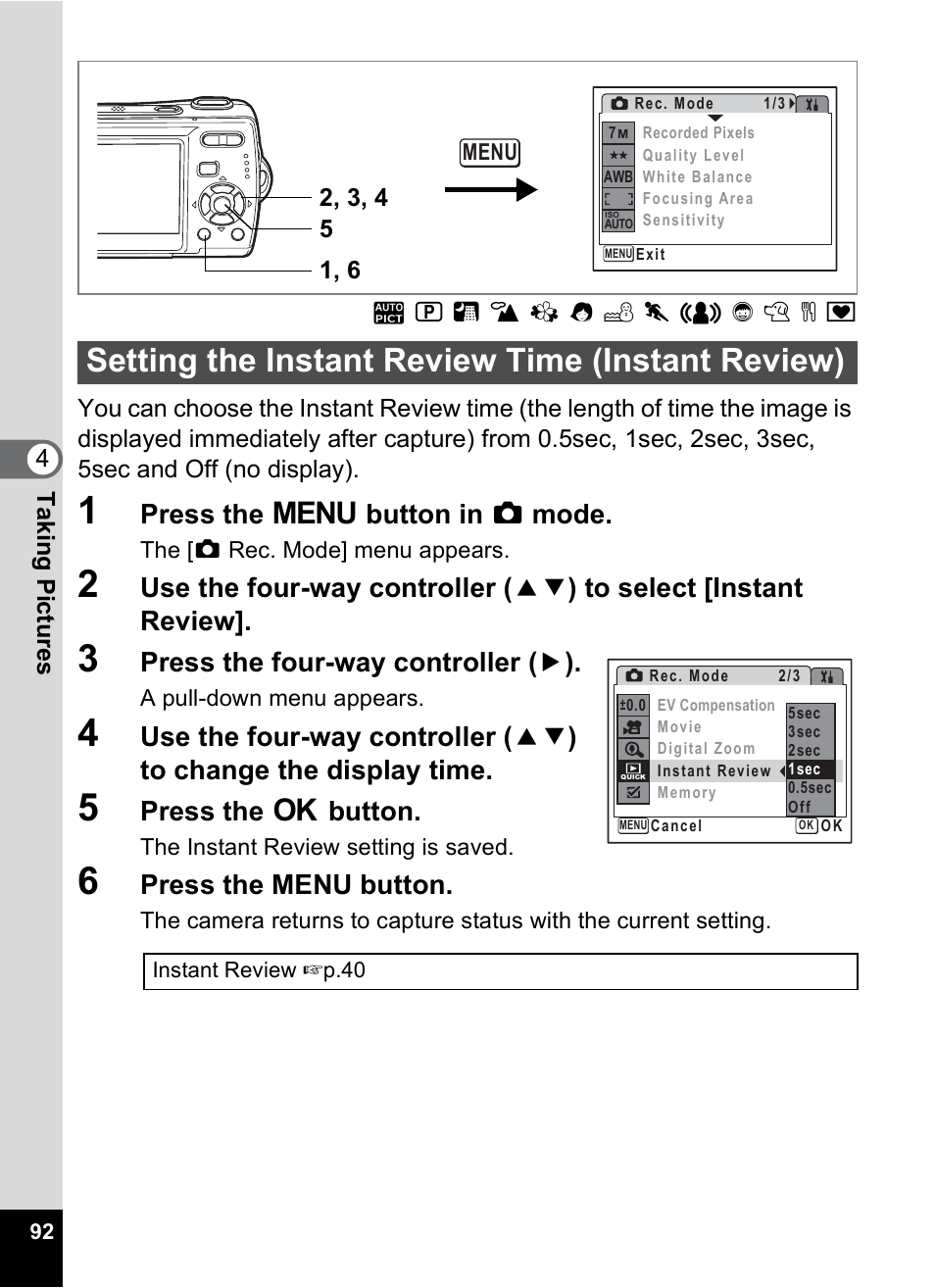 Setting the instant review time (instant review), P.92, Press the 3 button in a mode | Press the four-way controller ( 5 ), Press the 4 button, Press the menu button | Pentax Optio M20 User Manual | Page 94 / 192
