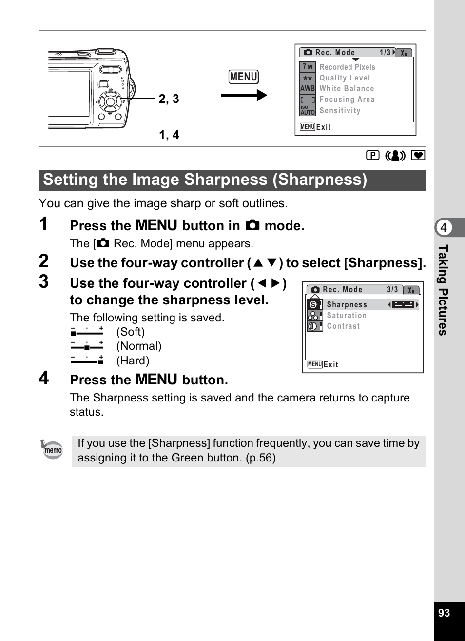 Setting the image sharpness (sharpness), P.93, Press the 3 button in a mode | Press the 3 button, You can give the image sharp or soft outlines | Pentax Optio M20 User Manual | Page 95 / 192