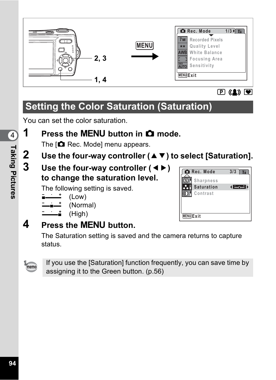 Setting the color saturation (saturation), P.94, Press the 3 button in a mode | Press the 3 button | Pentax Optio M20 User Manual | Page 96 / 192