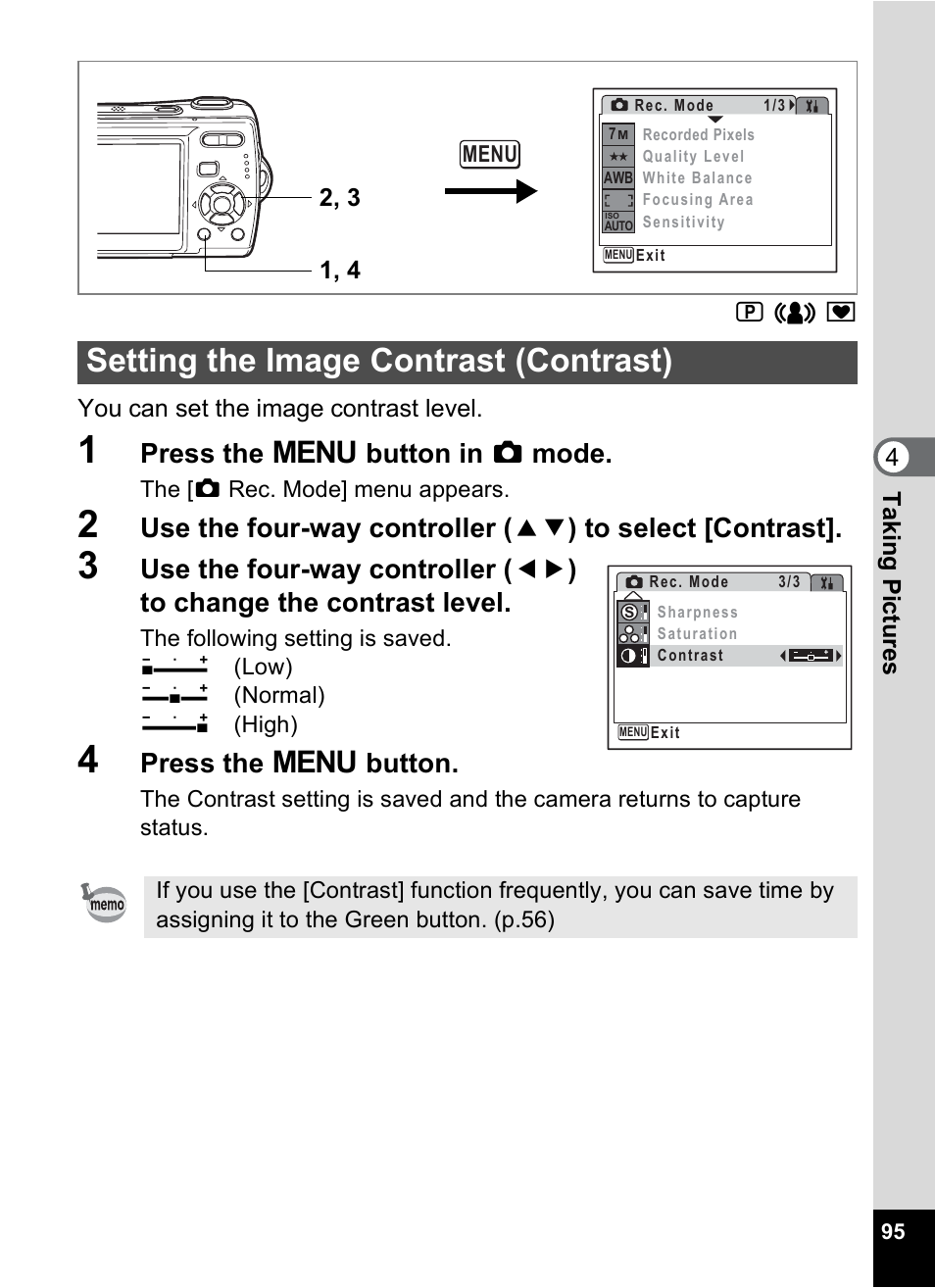 Setting the image contrast (contrast), P.95, P.95) | Press the 3 button in a mode, Press the 3 button | Pentax Optio M20 User Manual | Page 97 / 192