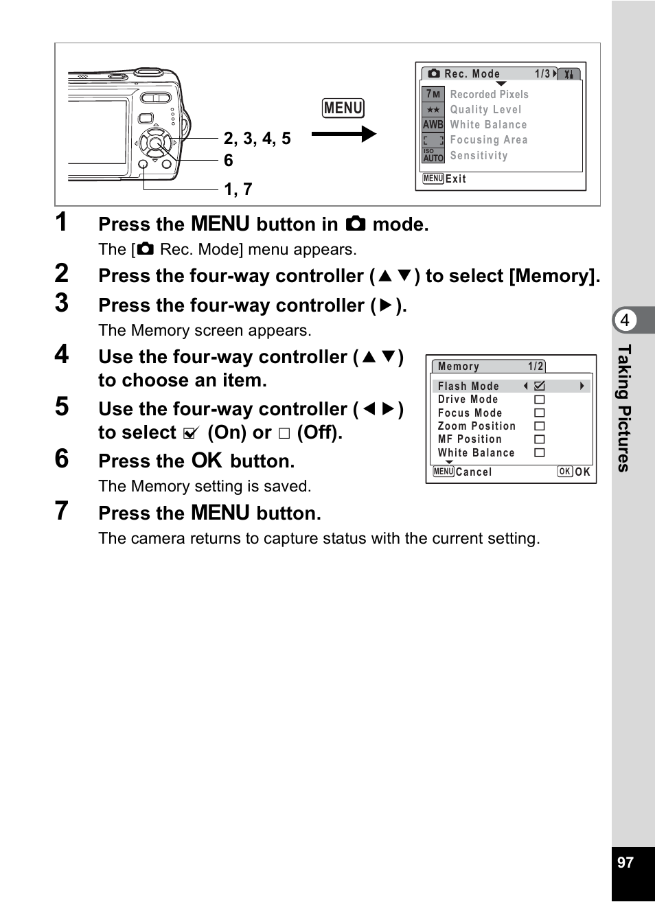 Press the 3 button in a mode, Press the four-way controller ( 5 ), Press the 4 button | Press the 3 button | Pentax Optio M20 User Manual | Page 99 / 192