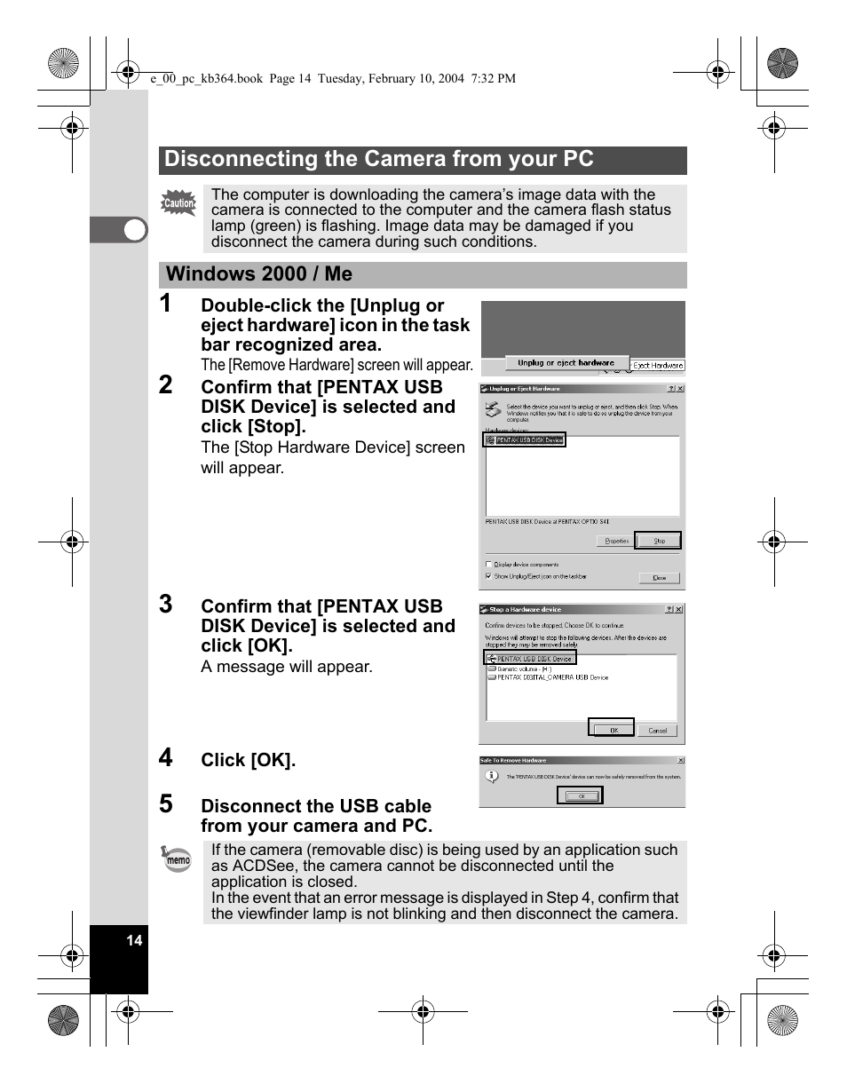 Disconnecting the camera from your pc | Pentax Optio S4i User Manual | Page 16 / 48