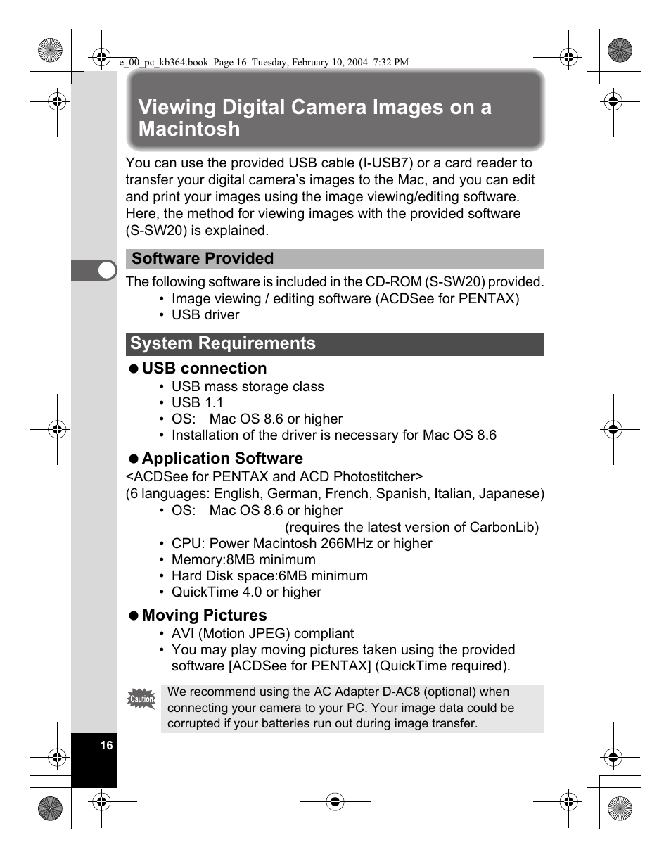Viewing digital camera images on a macintosh, System requirements | Pentax Optio S4i User Manual | Page 18 / 48