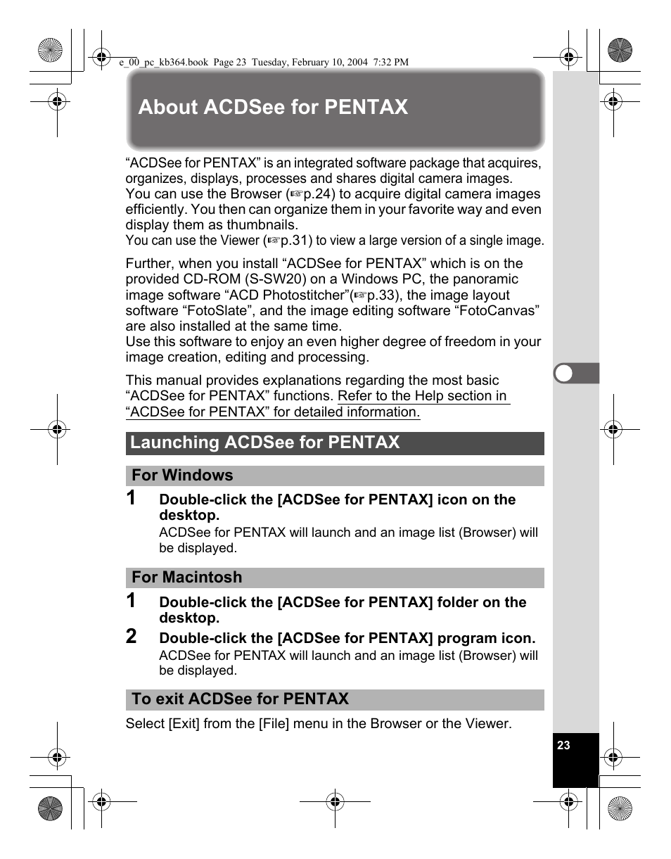 About acdsee for pentax, Launching acdsee for pentax | Pentax Optio S4i User Manual | Page 25 / 48