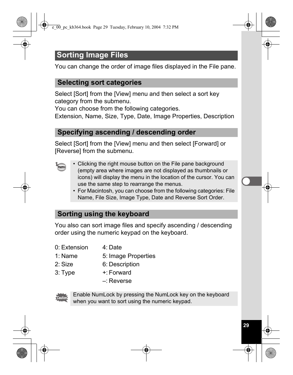 Sorting image files, Sorting using the keyboard | Pentax Optio S4i User Manual | Page 31 / 48
