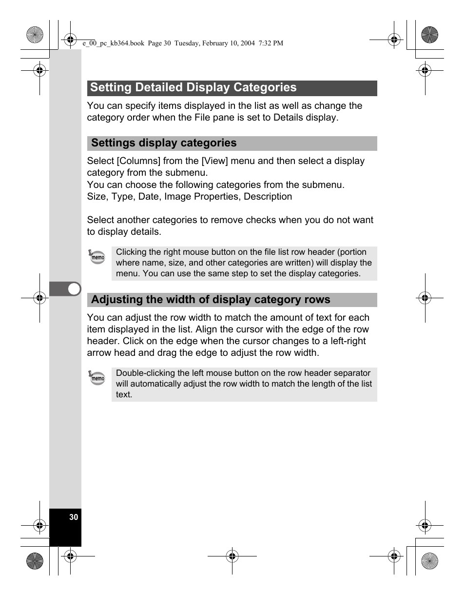 Setting detailed display categories, Settings display categories, Adjusting the width of display category rows | Pentax Optio S4i User Manual | Page 32 / 48