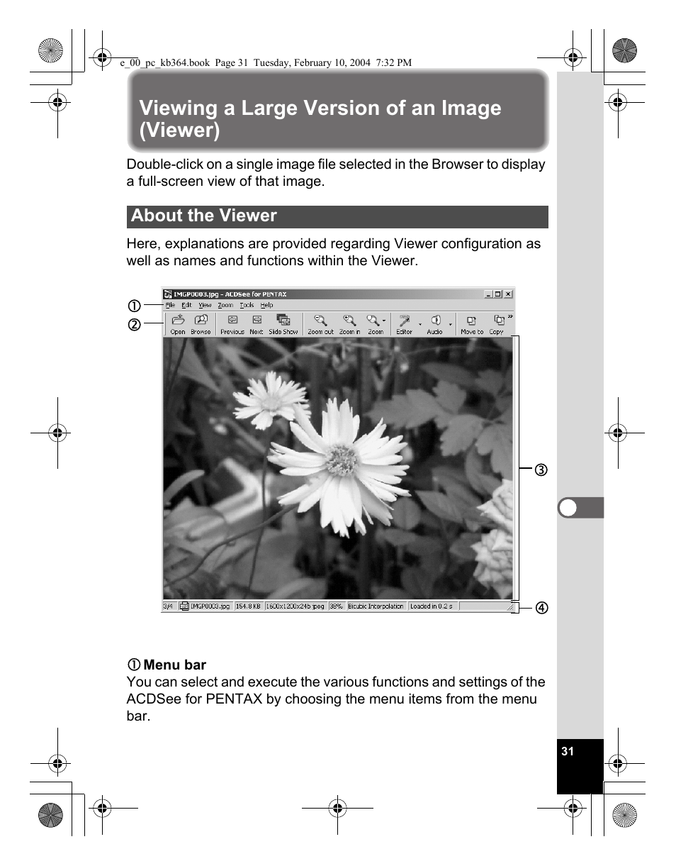 Viewing a large version of an image (viewer) | Pentax Optio S4i User Manual | Page 33 / 48