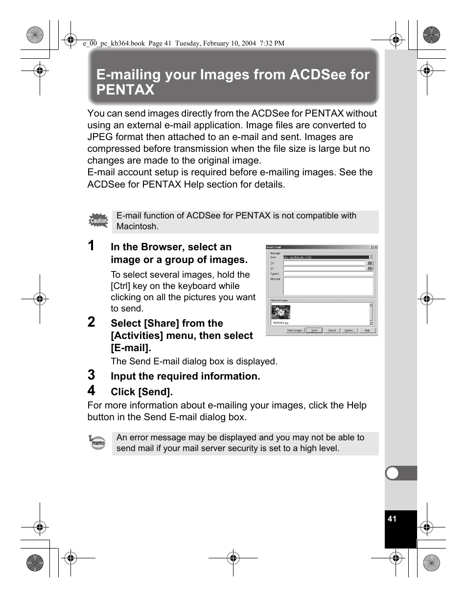 E-mailing your images from acdsee for pentax | Pentax Optio S4i User Manual | Page 43 / 48