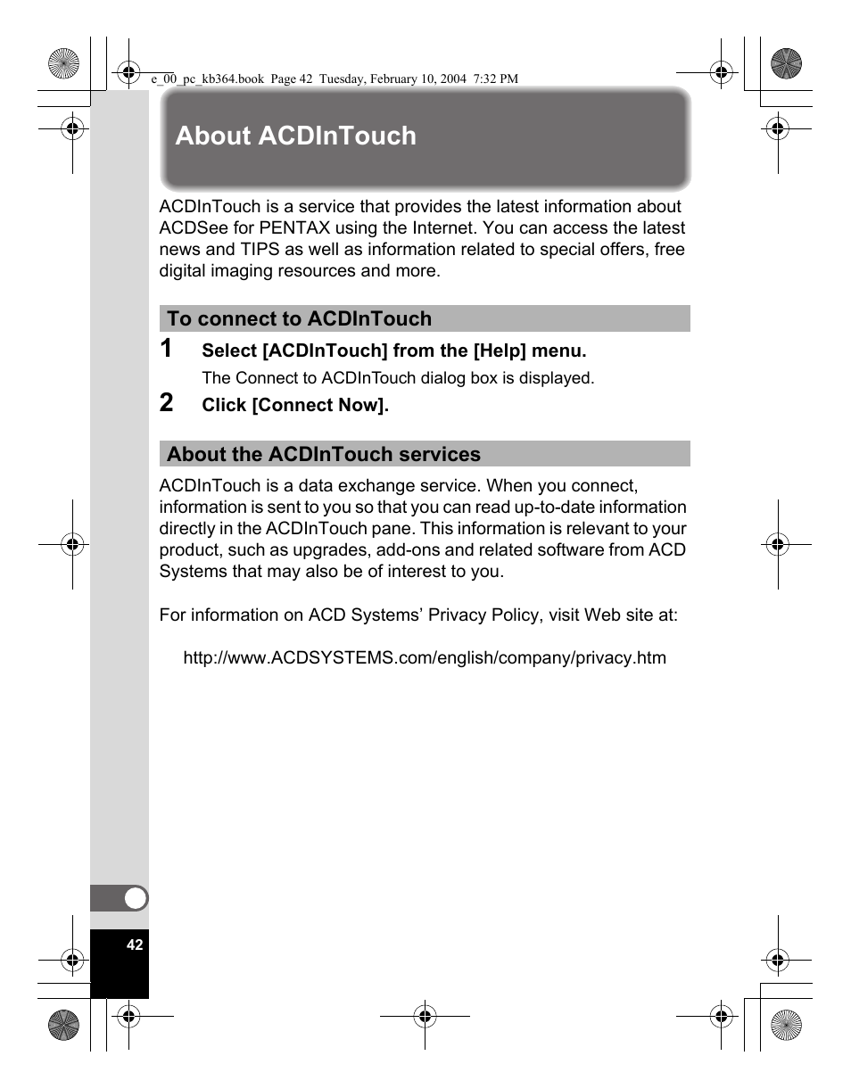 About acdintouch | Pentax Optio S4i User Manual | Page 44 / 48