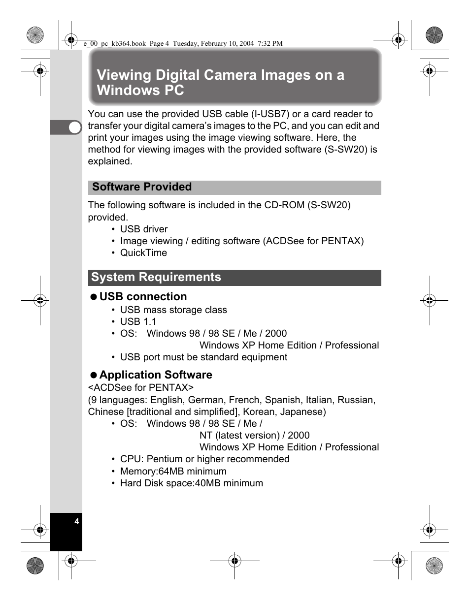 Viewing digital camera images on a windows pc, System requirements | Pentax Optio S4i User Manual | Page 6 / 48