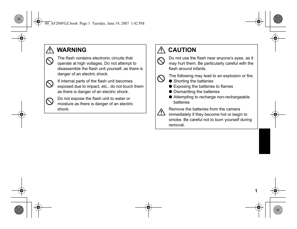 Warning, Caution | Pentax AF 200FG User Manual | Page 31 / 54