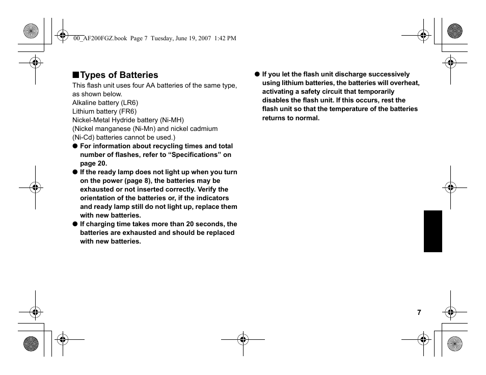 Types of batteries | Pentax AF 200FG User Manual | Page 37 / 54