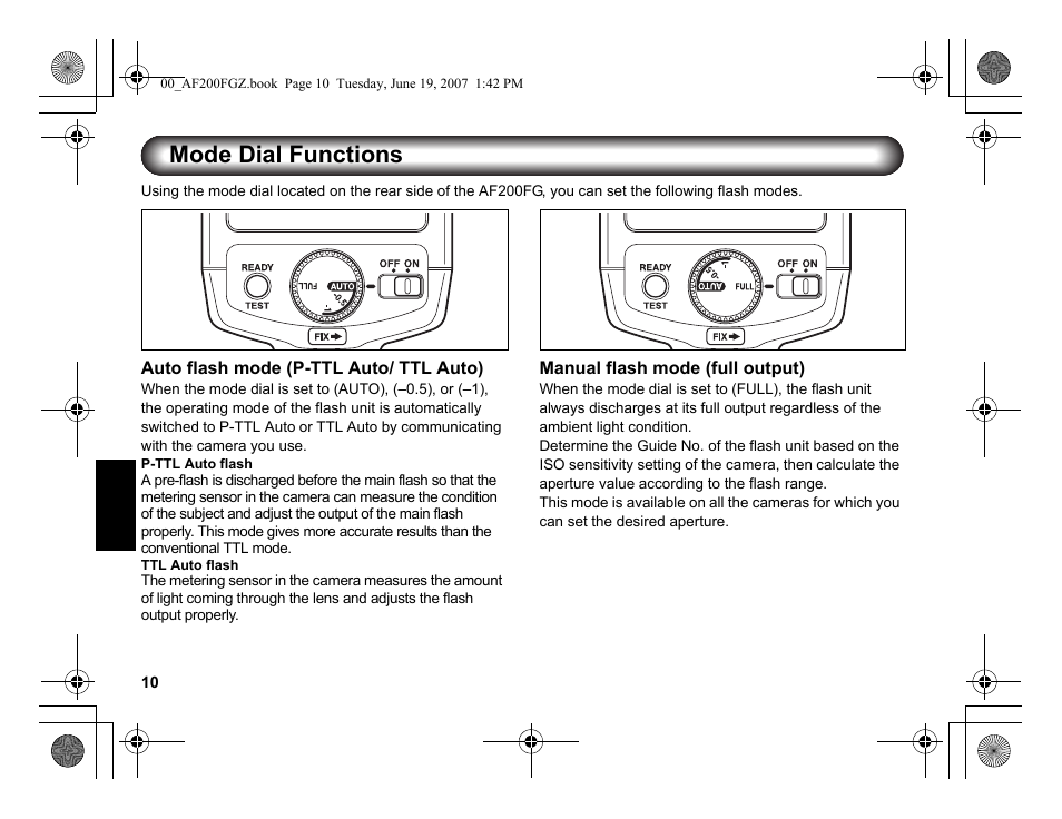 Mode dial functions | Pentax AF 200FG User Manual | Page 40 / 54