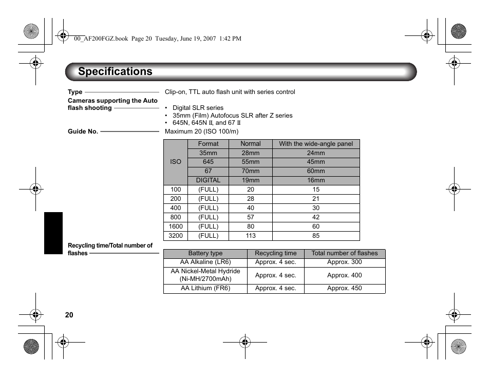 Specifications | Pentax AF 200FG User Manual | Page 50 / 54