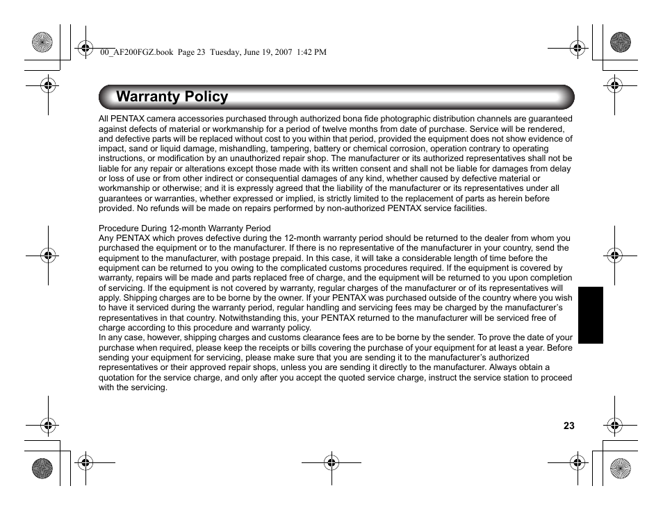 Warranty policy | Pentax AF 200FG User Manual | Page 53 / 54