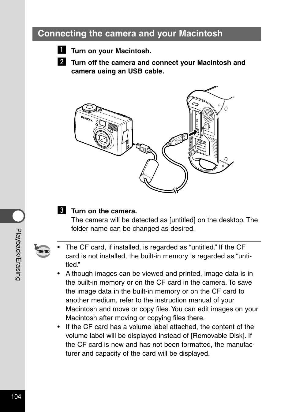 Connecting the camera and your macintosh, Connecting the camera and your macintosh z | Pentax Optio 430RS User Manual | Page 106 / 138