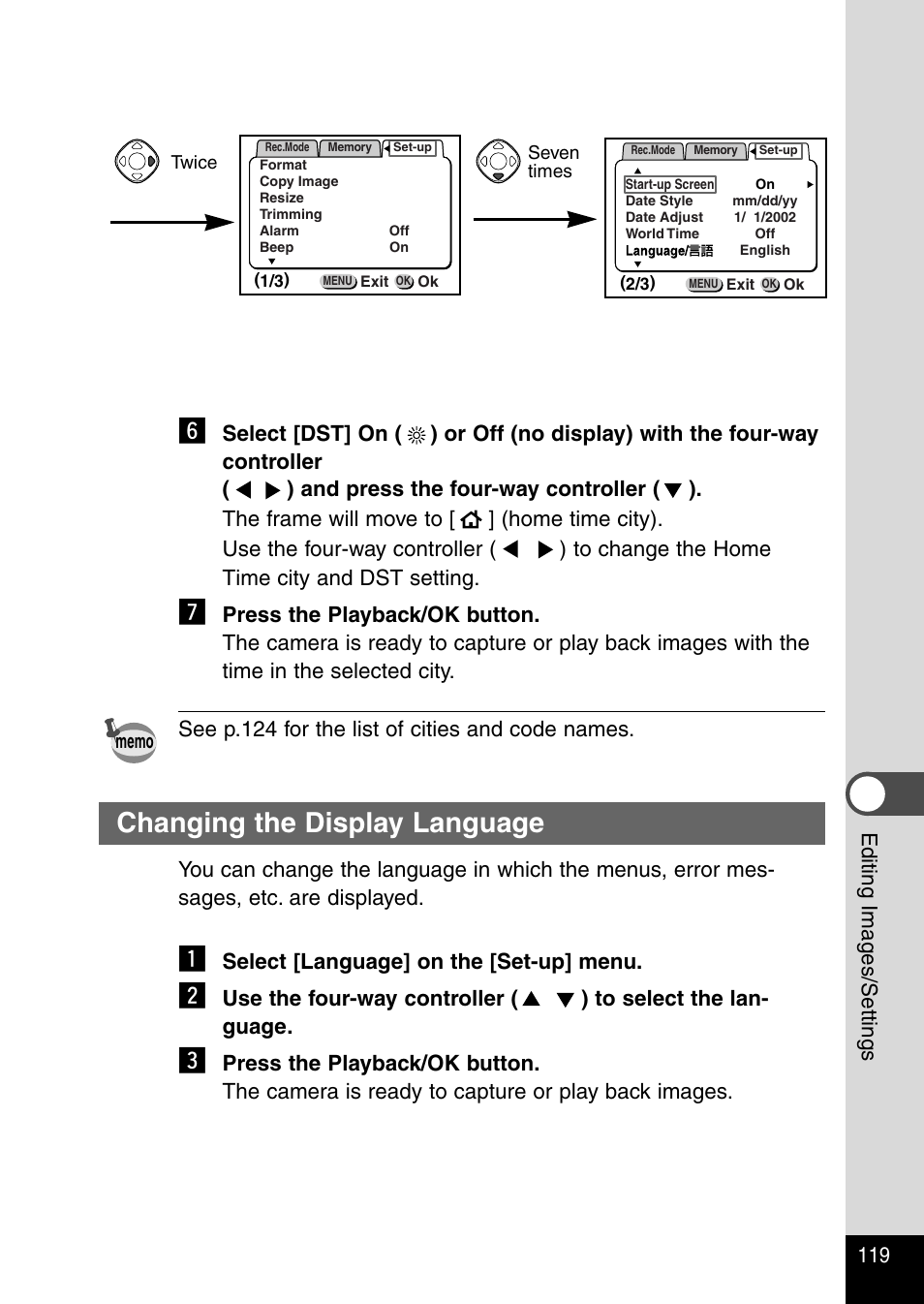 Changing the display language | Pentax Optio 430RS User Manual | Page 121 / 138