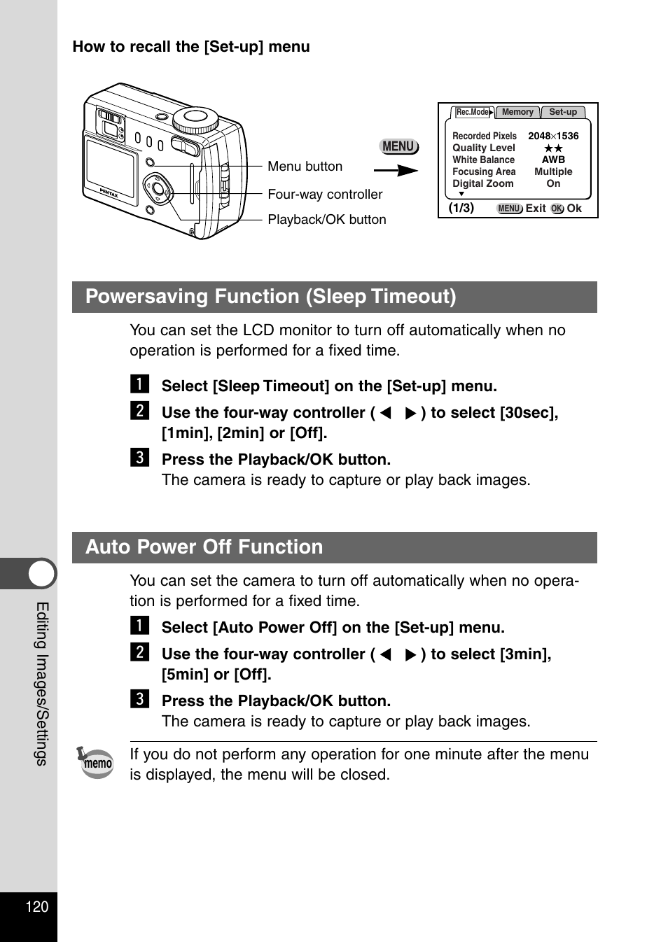 Powersaving function (sleep timeout), Auto power off function | Pentax Optio 430RS User Manual | Page 122 / 138