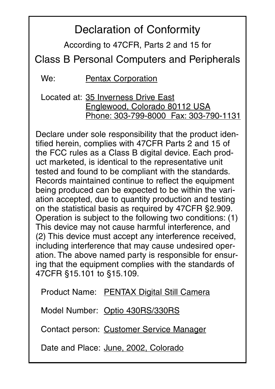 Declaration of conformity, Class b personal computers and peripherals | Pentax Optio 430RS User Manual | Page 137 / 138