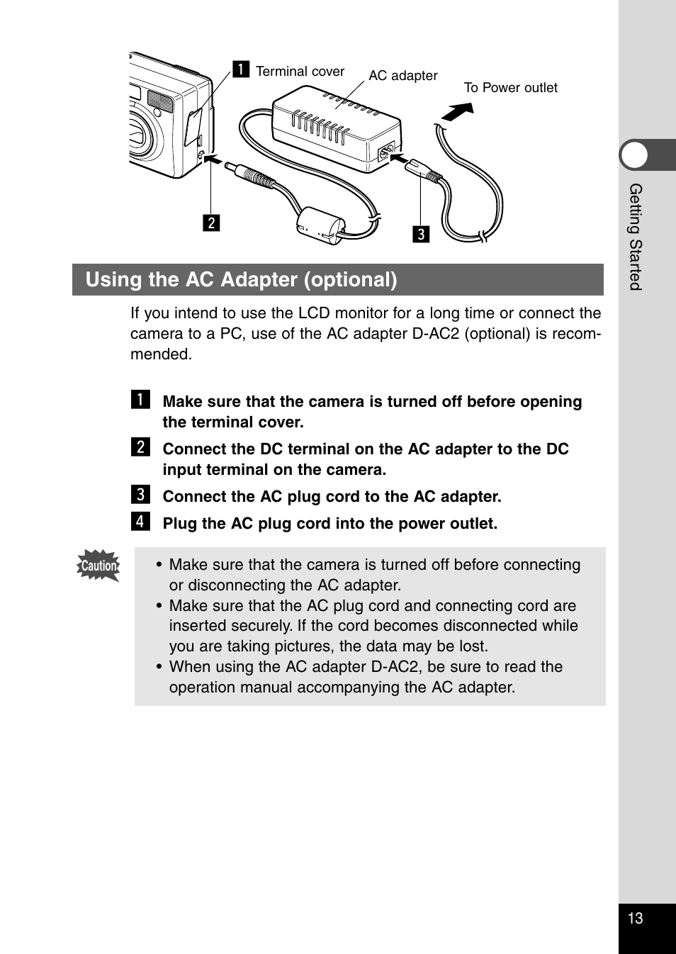 Using the ac adapter (optional) | Pentax Optio 430RS User Manual | Page 15 / 138
