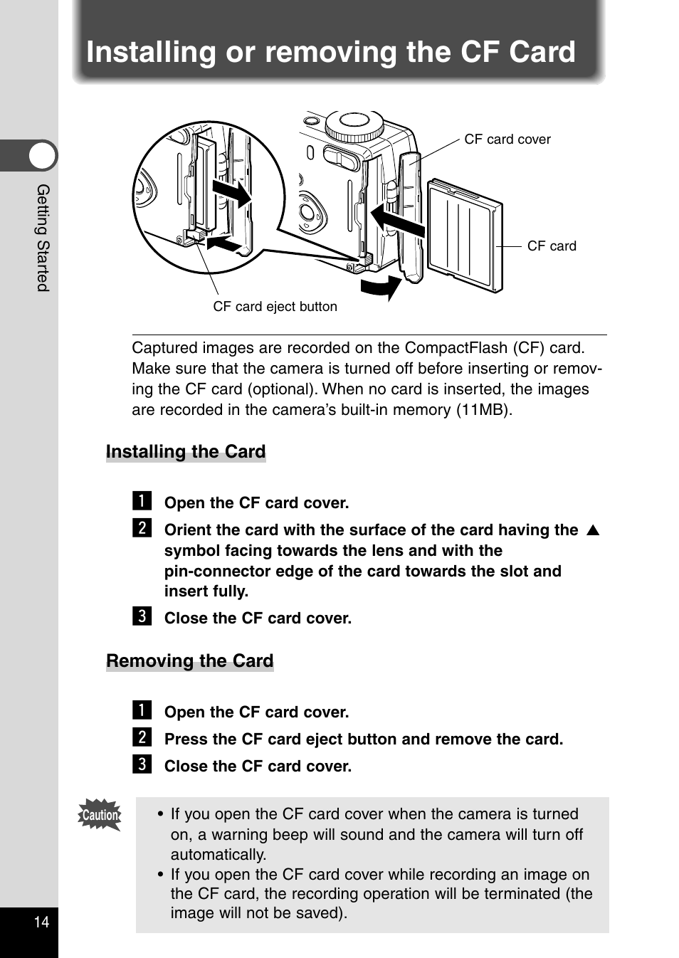 Installing or removing the cf card | Pentax Optio 430RS User Manual | Page 16 / 138