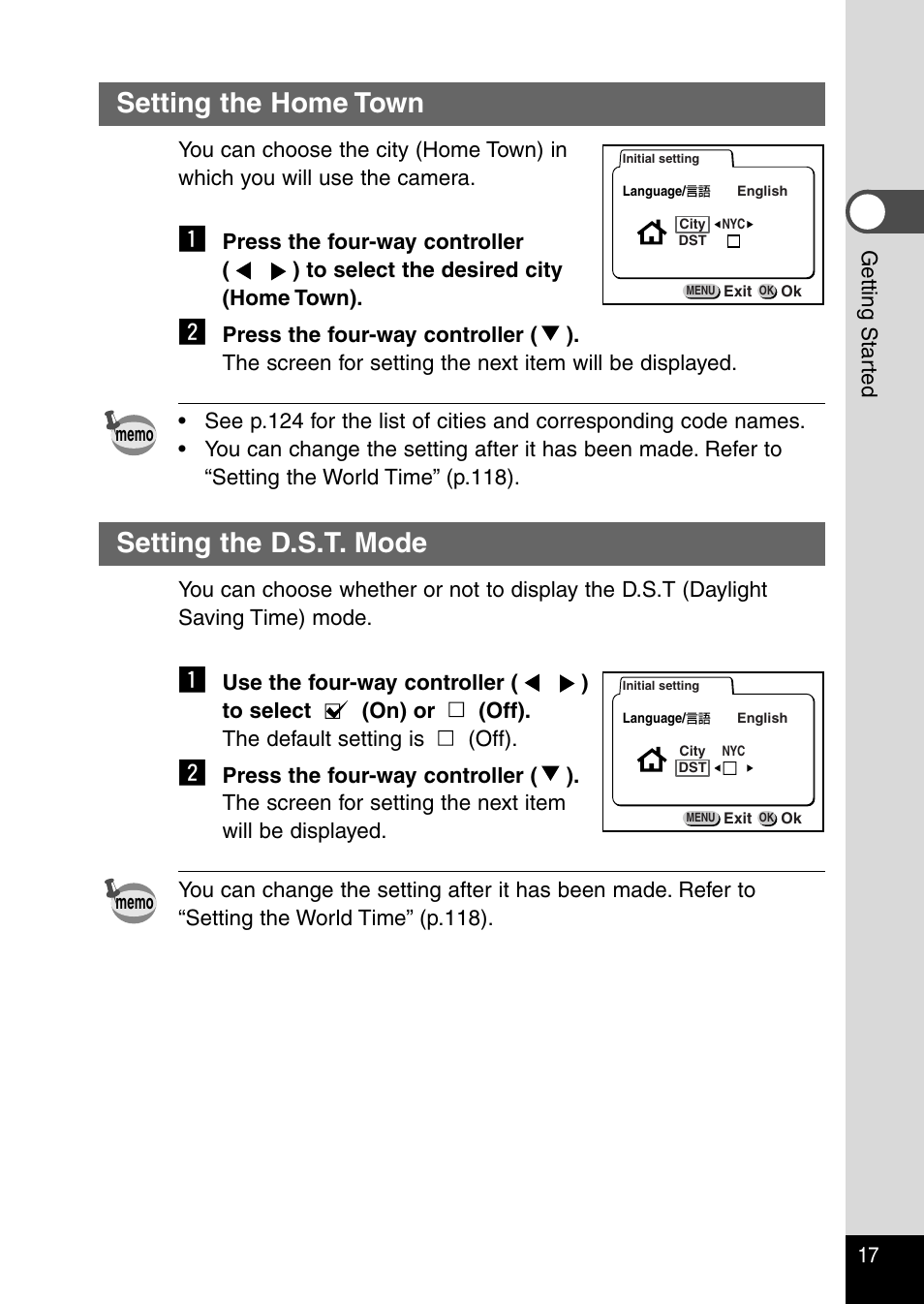 Setting the home town, Setting the d.s.t. mode | Pentax Optio 430RS User Manual | Page 19 / 138