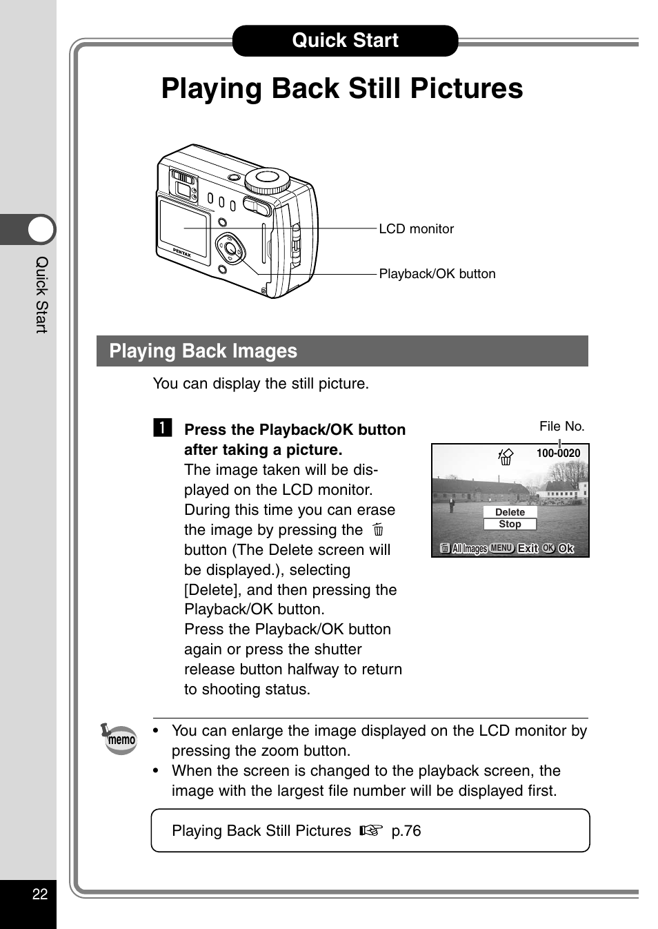 Playing back still pictures, Playing back images, Quick start | Pentax Optio 430RS User Manual | Page 24 / 138