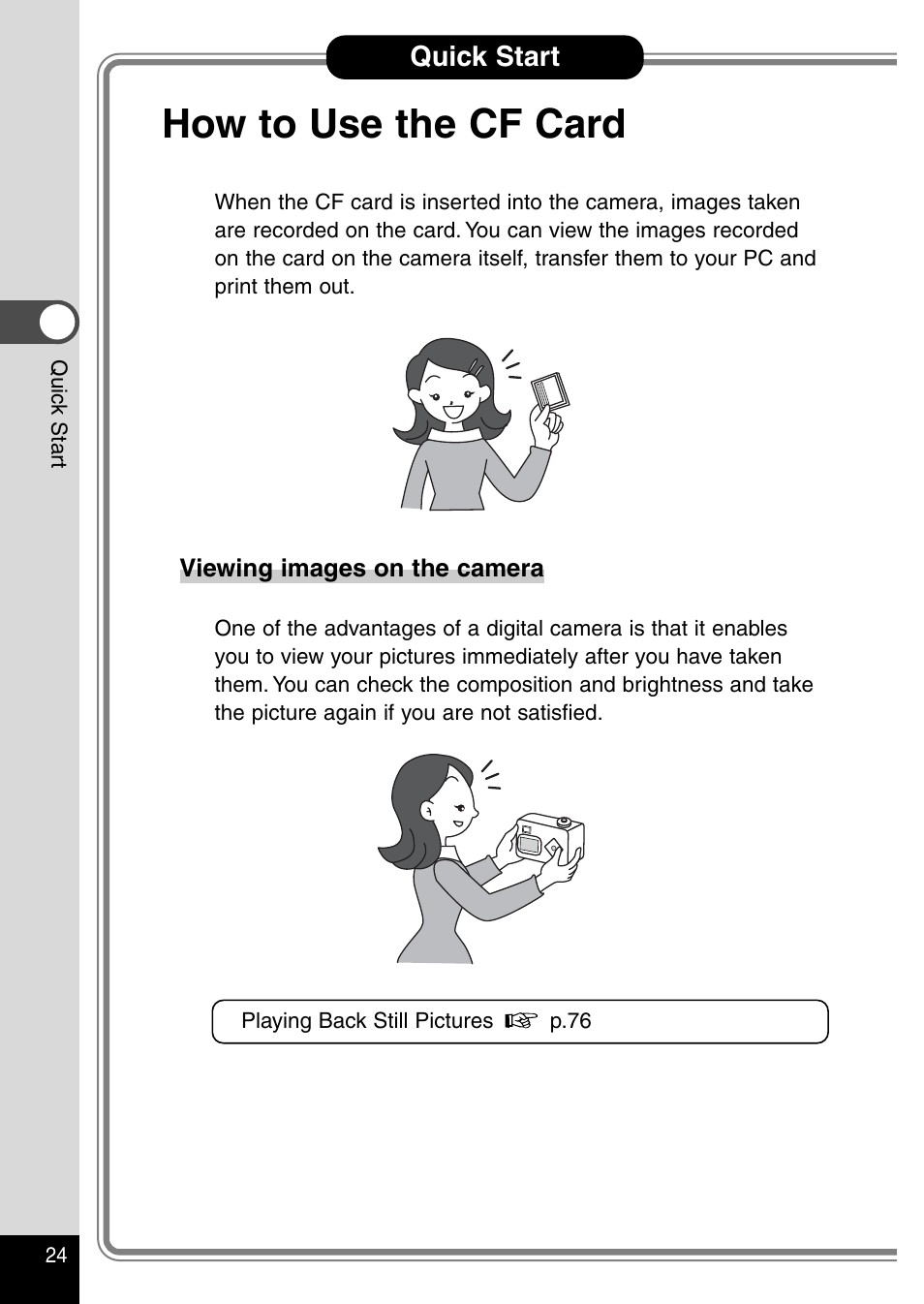 How to use the cf card, Quick start | Pentax Optio 430RS User Manual | Page 26 / 138