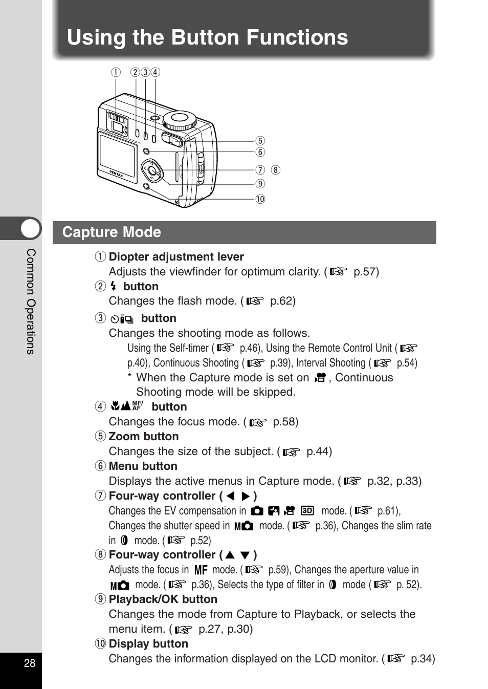 Using the button functions, Capture mode | Pentax Optio 430RS User Manual | Page 30 / 138