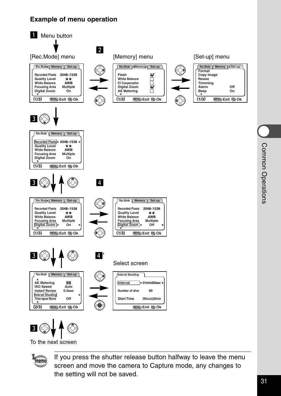Cv c v, 31 common oper ations example of menu operation, Menu button | Select screen | Pentax Optio 430RS User Manual | Page 33 / 138