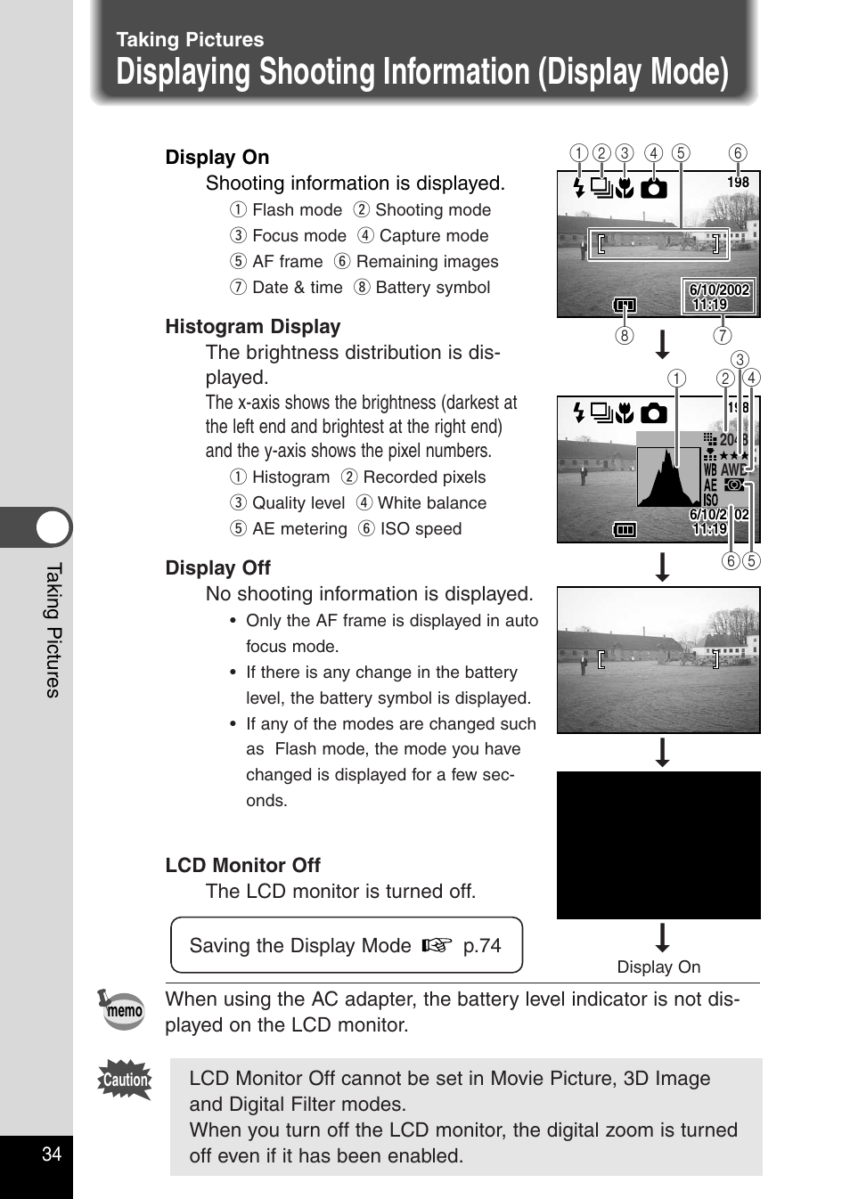 Taking pictures, Displaying shooting information (display mode) | Pentax Optio 430RS User Manual | Page 36 / 138