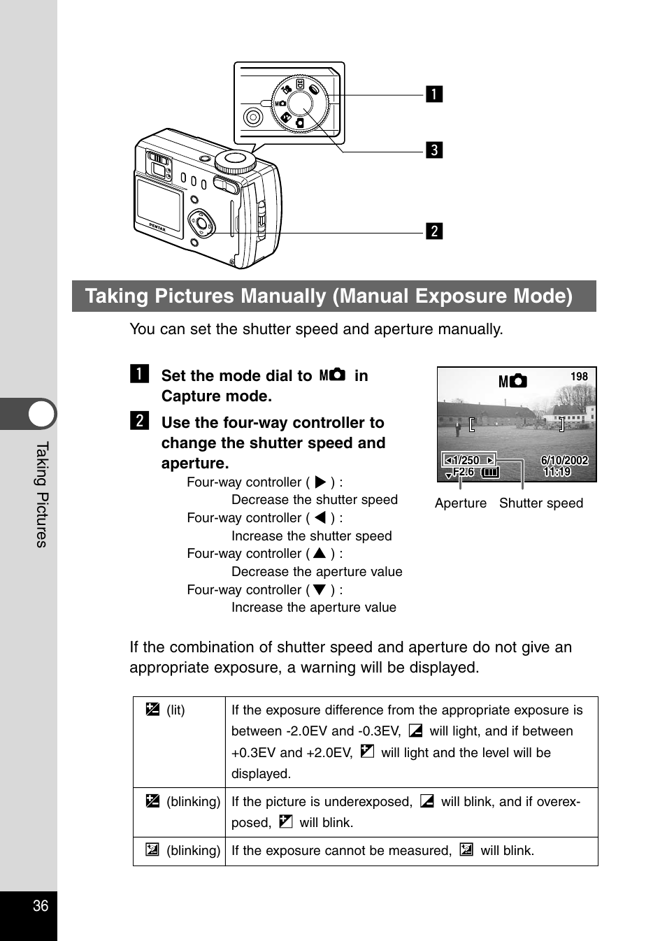 Taking pictures manually (manual exposure mode), Cx z | Pentax Optio 430RS User Manual | Page 38 / 138