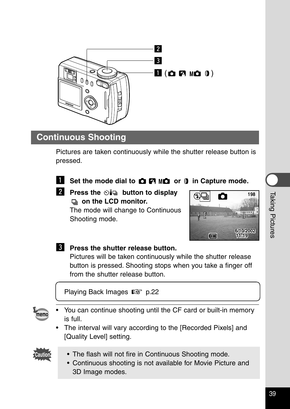 Continuous shooting | Pentax Optio 430RS User Manual | Page 41 / 138