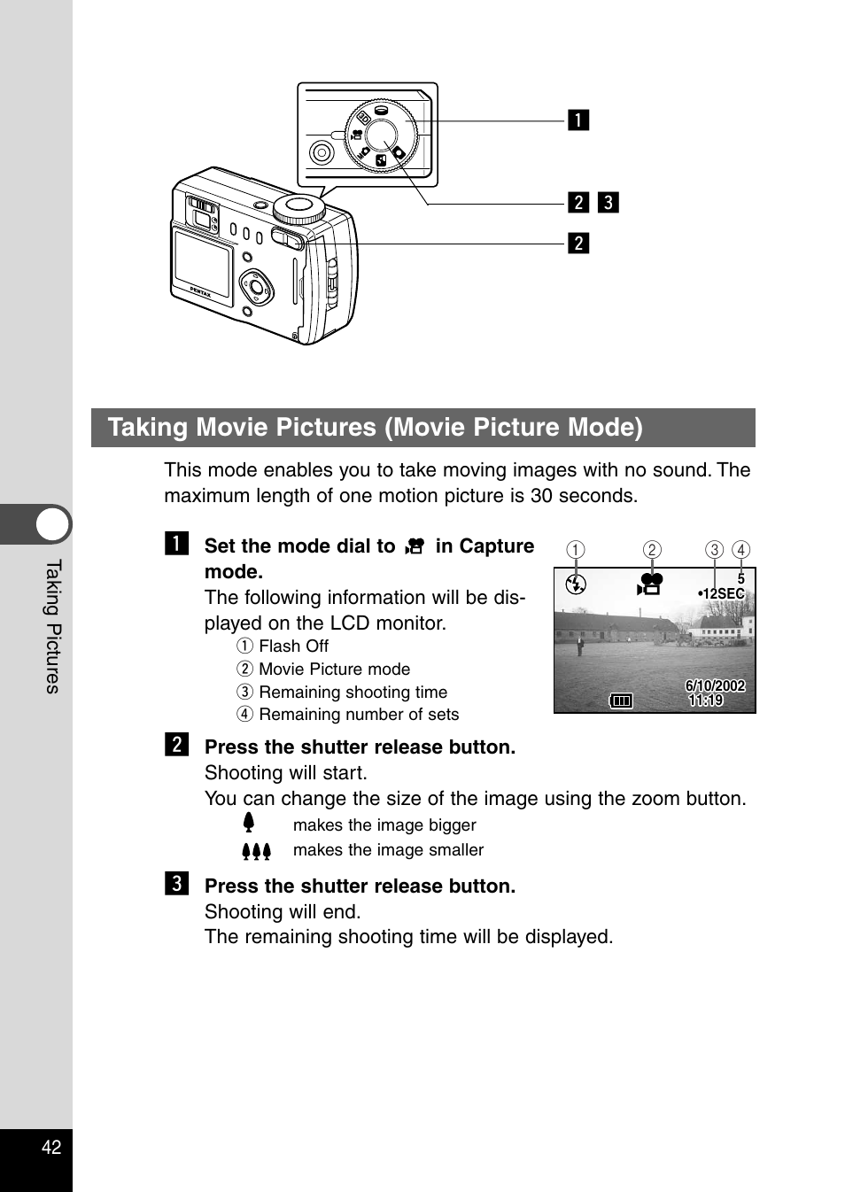 Taking movie pictures (movie picture mode), X c z x | Pentax Optio 430RS User Manual | Page 44 / 138