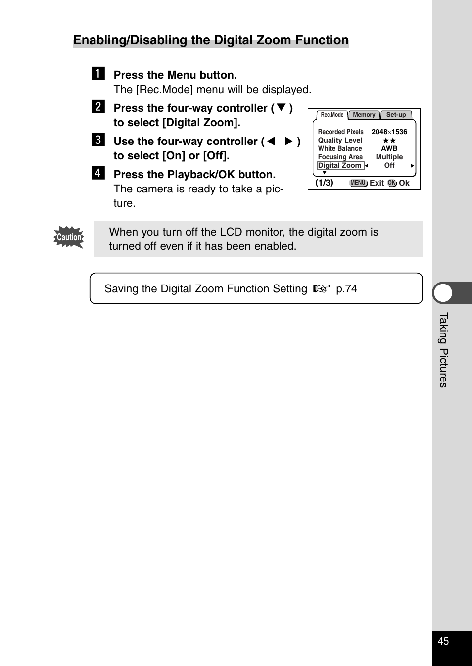 Enabling/disabling the digital zoom function | Pentax Optio 430RS User Manual | Page 47 / 138
