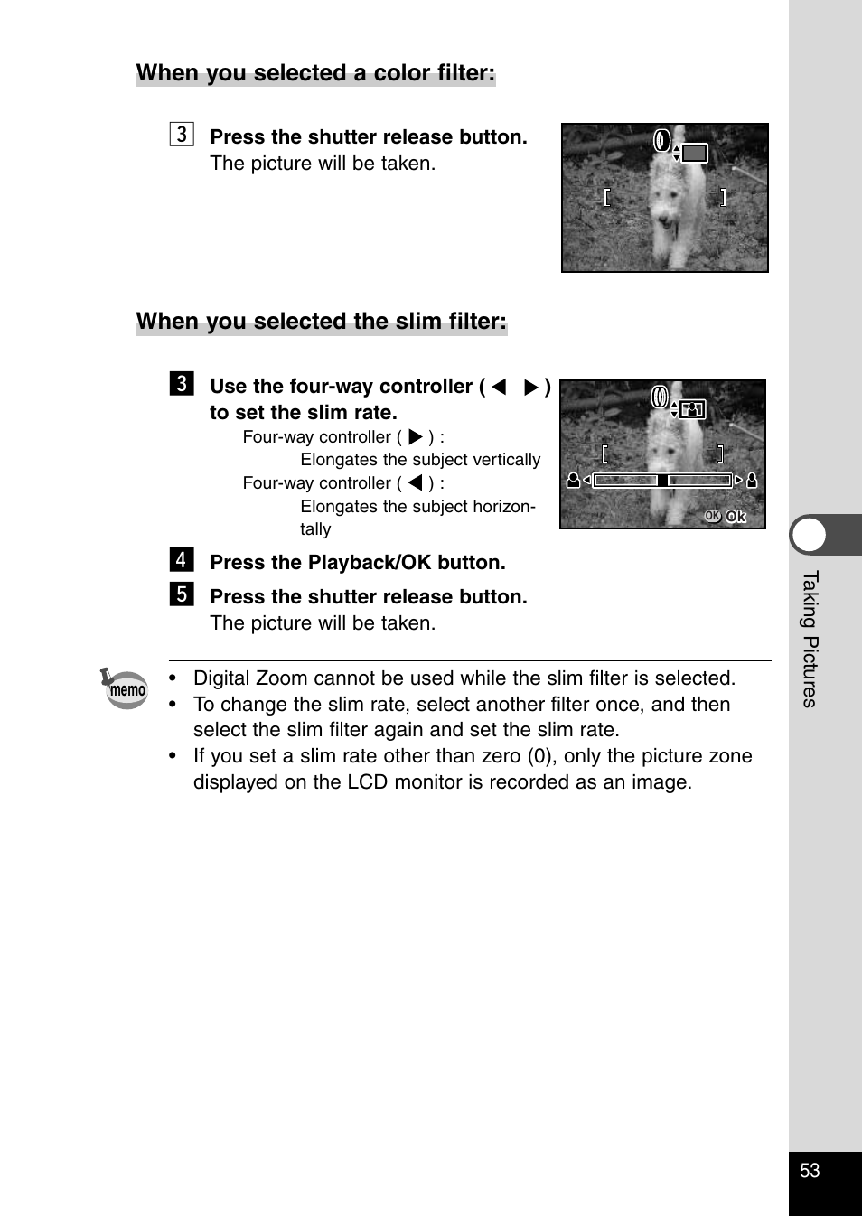 When you selected a color filter, When you selected the slim filter | Pentax Optio 430RS User Manual | Page 55 / 138