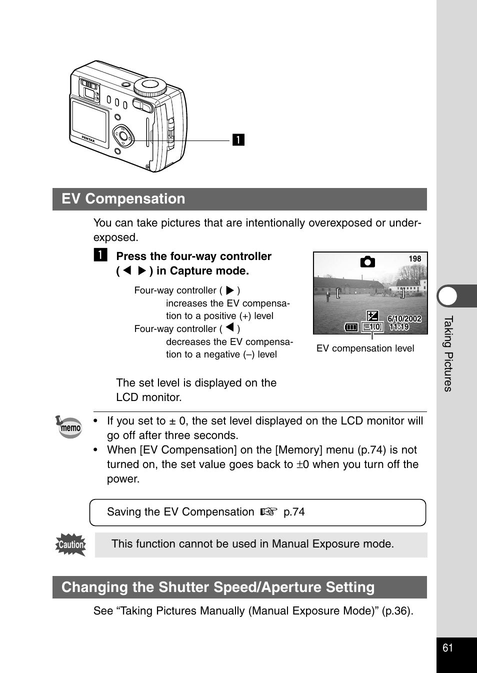 Ev compensation, Changing the shutter speed/aperture setting | Pentax Optio 430RS User Manual | Page 63 / 138