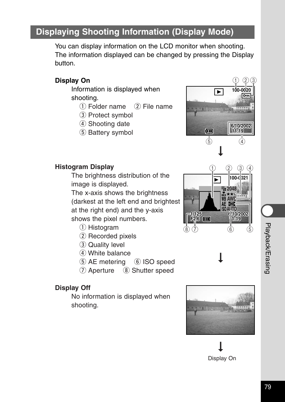 Displaying shooting information (display mode) | Pentax Optio 430RS User Manual | Page 81 / 138