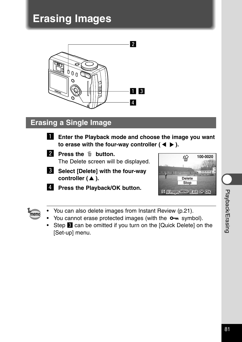 Erasing images, Erasing a single image, Erasing a single image z | Vz c x | Pentax Optio 430RS User Manual | Page 83 / 138