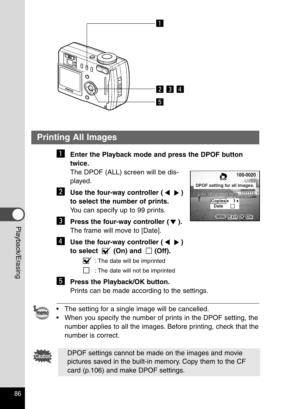 Printing all images, Printing all images z | Pentax Optio 430RS User Manual | Page 88 / 138
