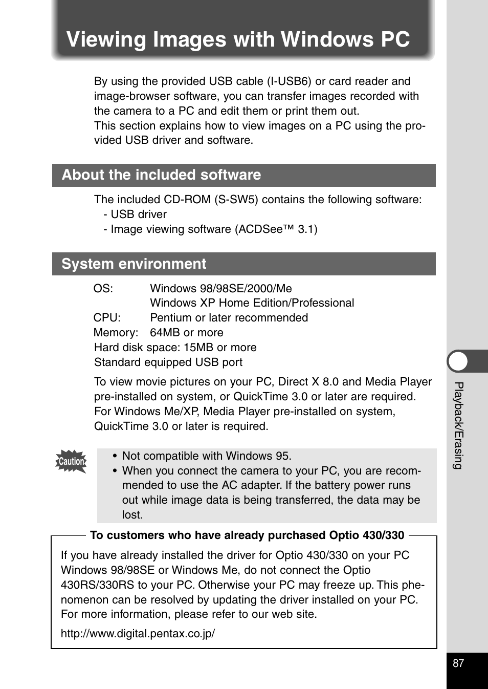 Viewing images with windows pc, About the included software, System environment | Pentax Optio 430RS User Manual | Page 89 / 138