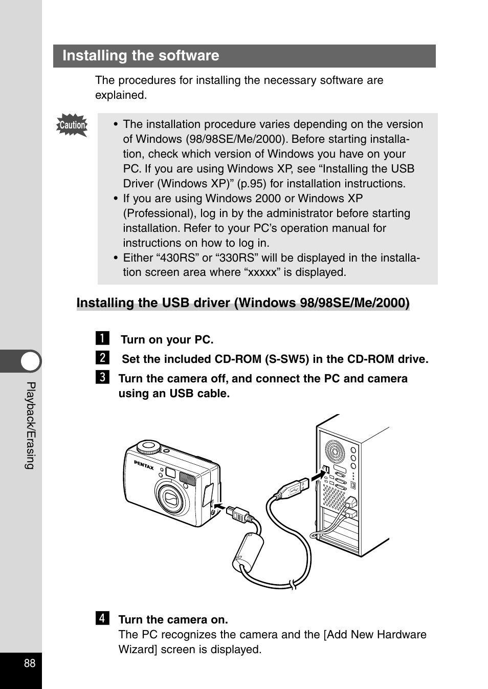 Installing the software | Pentax Optio 430RS User Manual | Page 90 / 138
