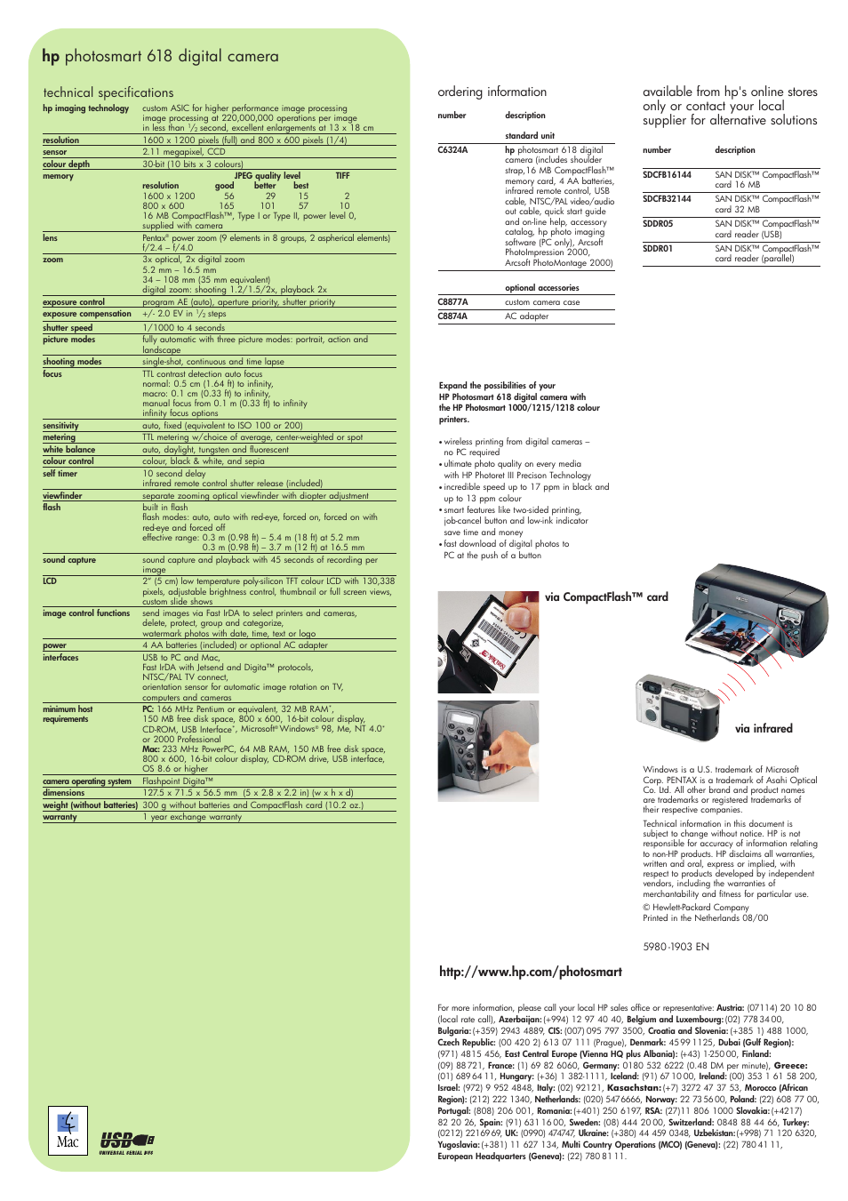 Hp photosmart 618 digital camera, Ordering information technical specifications | Pentax 618 User Manual | Page 4 / 4