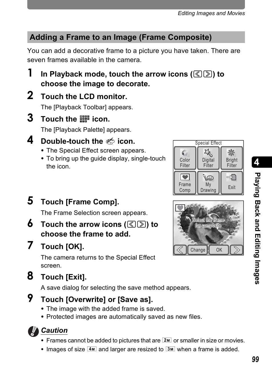 Adding a frame to an image (frame composite), P.99), P.99 | Pentax Optio T10 User Manual | Page 101 / 163