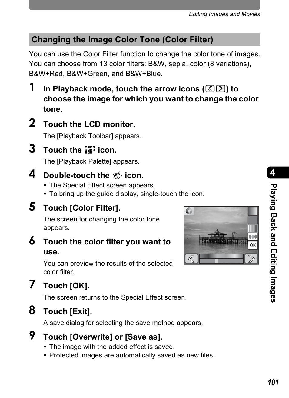 Changing the image color tone (color filter), P.101 | Pentax Optio T10 User Manual | Page 103 / 163