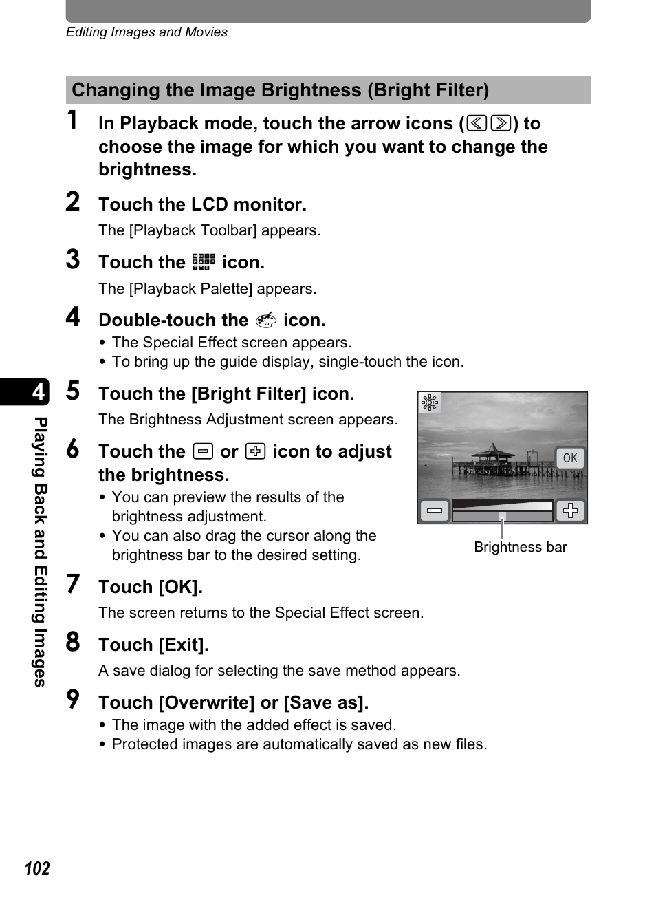 Changing the image brightness (bright filter), P.102), P.102 | Pentax Optio T10 User Manual | Page 104 / 163