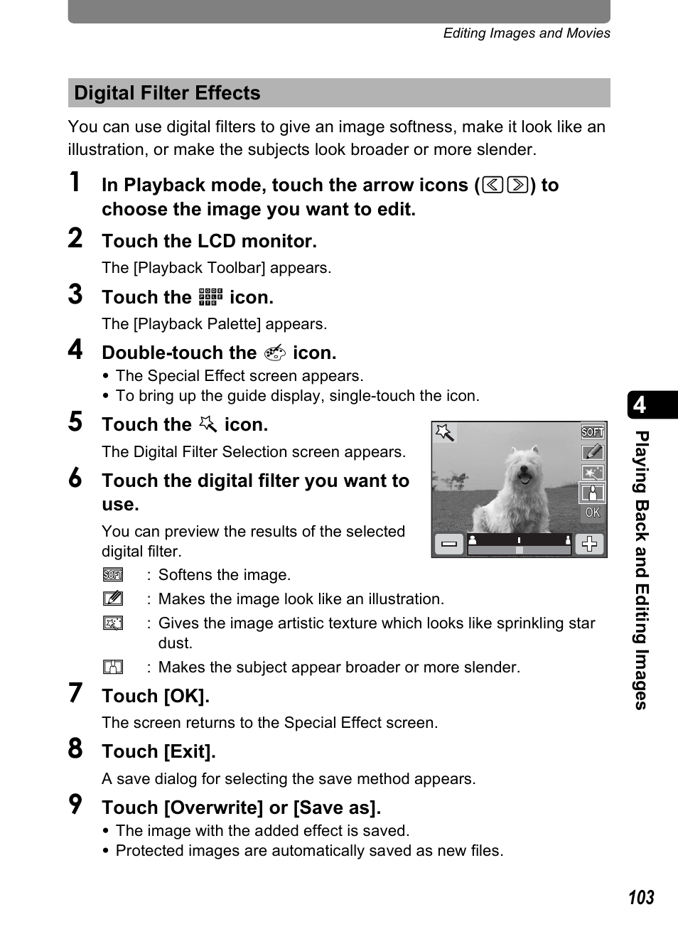 Digital filter effects, P.103), P.103 | Pentax Optio T10 User Manual | Page 105 / 163