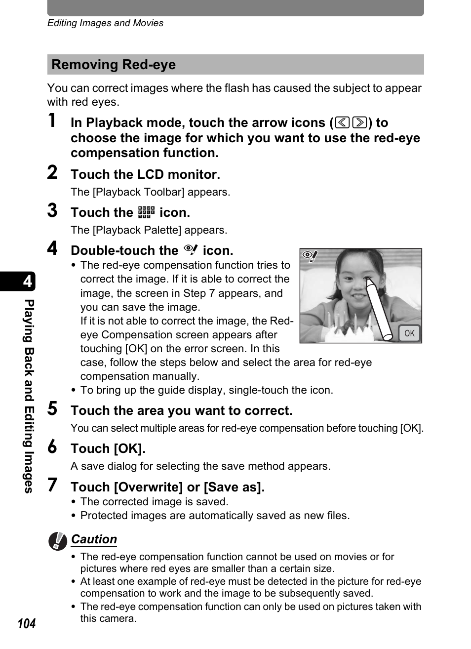 Removing red-eye, P.104), P.104 | Pentax Optio T10 User Manual | Page 106 / 163