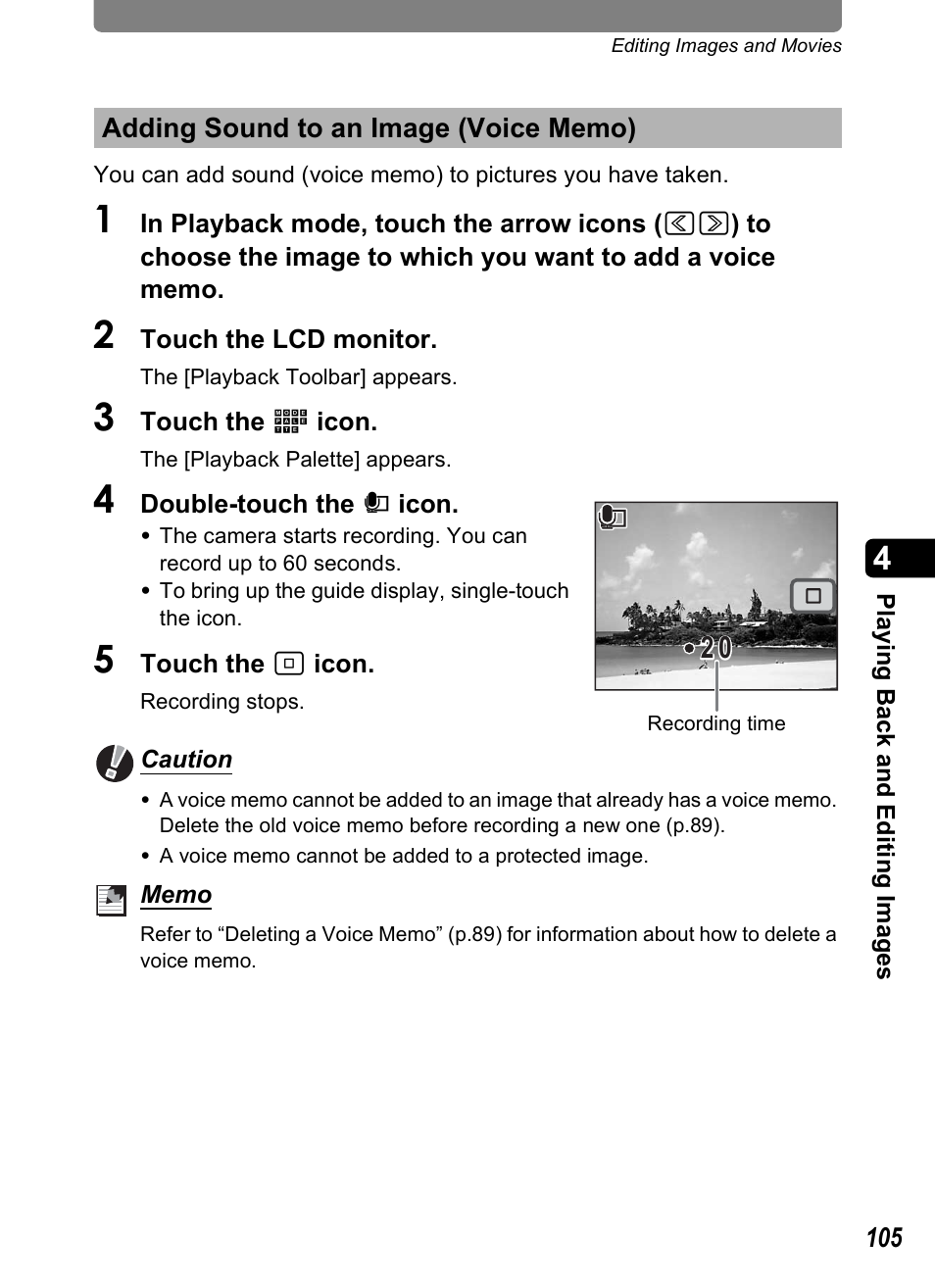 Adding sound to an image (voice memo), Nd (p.105), P.105 | Pentax Optio T10 User Manual | Page 107 / 163