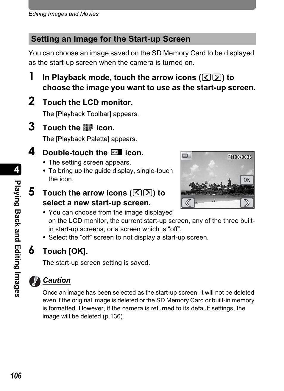 Setting an image for the start-up screen, P.106 | Pentax Optio T10 User Manual | Page 108 / 163